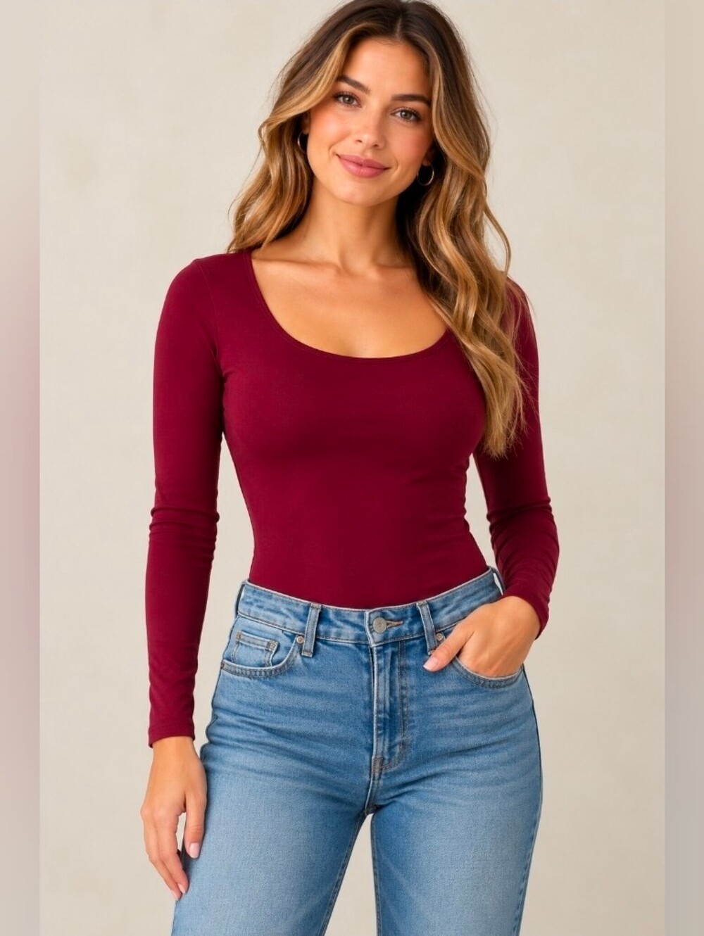 Spanx Women's Long Sleeve Scoop Neck Bodysuit - Burgundy